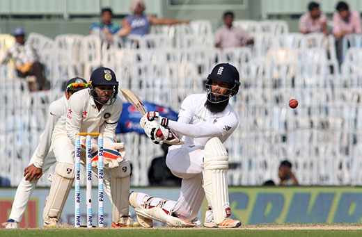 Moeen Ali of England in action on Day 1 of the fifth test match between India and England at M. A. Chidambaram Stadium in Chenna