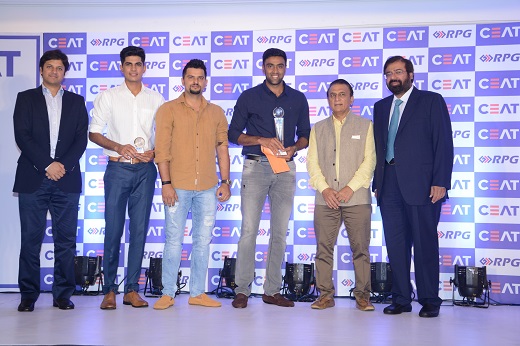 Photo 2 Left to Right Anant Goenka MD CEAT LTD Shubman Gill Suresh Raina R Ashwin Sunil Gavaskar Harsh Goenka Chairman RPG Enterprises at CEAT Cricket Rating Awards 2017 in Mumbai