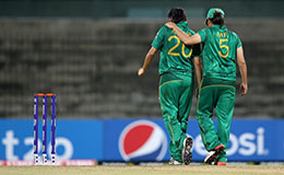 Sana Mir Captain of Pakistan consoles Asmavia Iqbal during the Womens ICC World Twenty20 India 2016