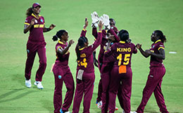 West Indies players celebrate a wicket during the Womens ICC World Twenty20 India 2016