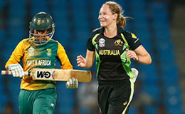 Womens ICC World Twenty20 India 2016 Lauren Cheatle of Australia celebrates wicket of Trisha Chetty of South Africa