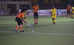 Chandigarh Olympic Association Orange jersey vs Hockey Gangpur Odisha Yellow jersey