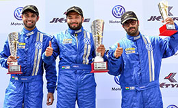 Vento Cup Round 1 Race 2 Winner Karminder Singh centre 2nd position Anindith Reddy left and 3rd position Sahil Gahuri right