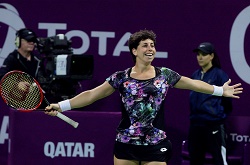 Spaniard Carla Suárez Navarro celebrates her win over Latvian Jelena Ostapenko during the final of the WTA Qatar Total Open