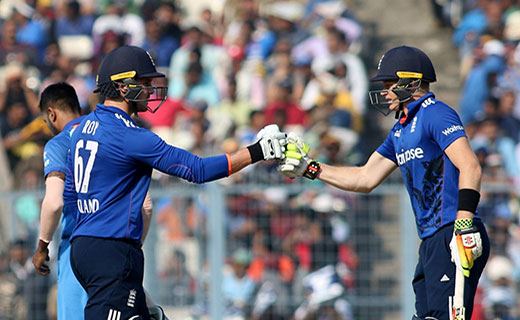 Jason Roy and Sam Billings of England during the third ODI match between India and England