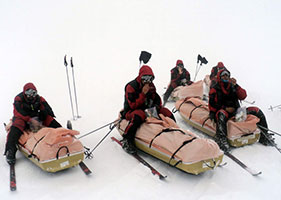 Indian Army skiing team at a halt during the Antarctic expedition