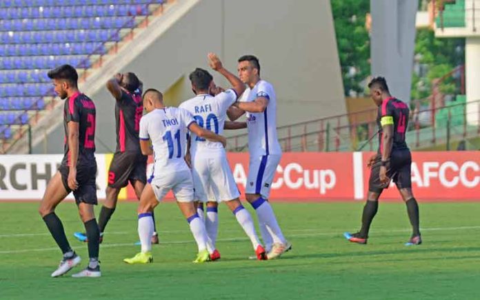 Chennaiyin FCs Mohammed Rafi celebrates his goal with Mailson Alves and Thoi Singh vs Minerva Punjab in the 2019 AFC Cup at Guwahati