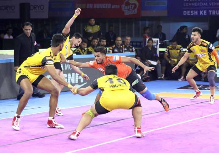 Arjun Deshwal in action against Telugu Titans Arjun Deshwal in action against Telugu Titans