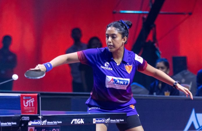 Ayhika_Mukherjee_of_Dabang_Delhi_TTC_in_action_during_the_IndianOil_Ultimate_Table_Tennis_tie_against_U_Mumba_TT_in_Pune_on_Monday_July_24_2023