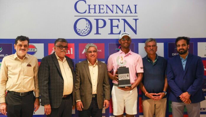 Viraj Madappa Chennai Open 2026 champion Viraj Madappa poses with the Chennai Open 2026 trophy alongside tournament officials