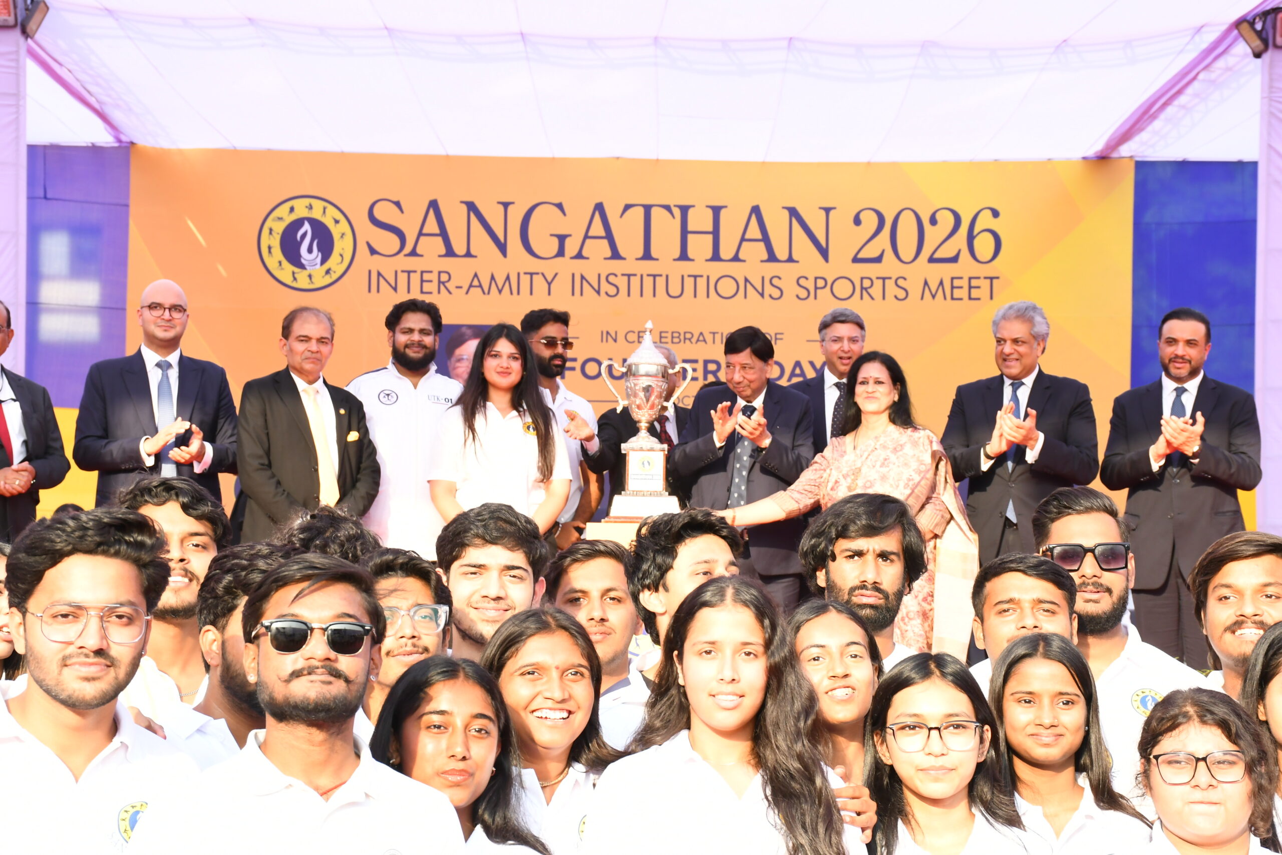 Amity Law School Noida receive the winner's trophy at the Sangathan-2026 prize distribution ceremony