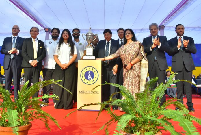 Amity Law School Noida with Sangathan-2026 Champion's Trophy Amity Law School Noida team with the Sangathan-2026 Champion's Trophy at the valedictory ceremony in Noida