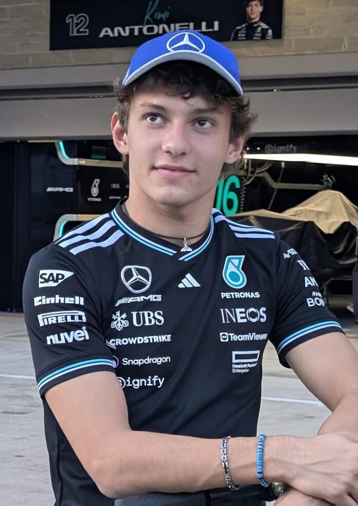 Mercedes driver Kimi Antonelli in front of the team garage at the Circuit of The Americas in Austin
