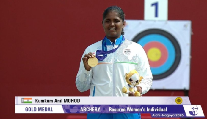 Kumkum Mohod with Asian Games 2026 recurve women's individual gold medal Kumkum Anil Mohod holds her gold medal for the archery recurve women's individual event at the Asian Games 2026 in Aichi-Nagoya