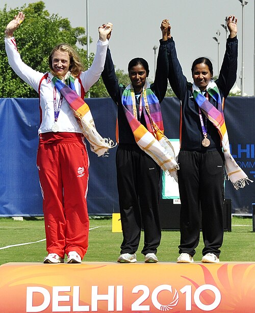 Deepika Kumari, Alison Williamson and Dola Banerjee on the podium for the women’s individual recurve at the 2010 Commonwealth Games in Delhi